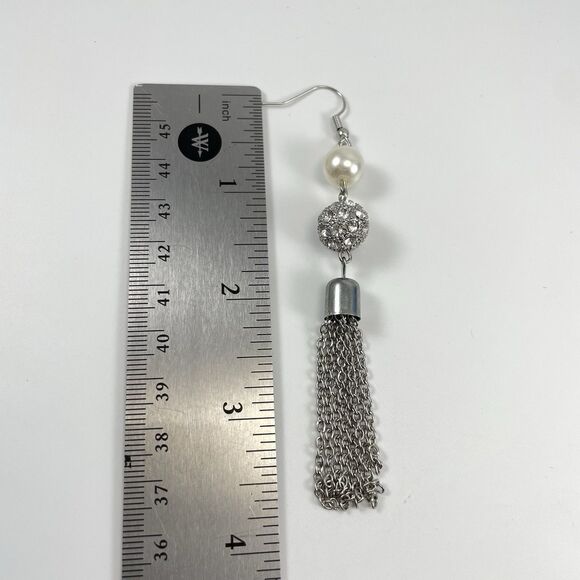 Silver Tone Faux Pearl Chain Tassel Dangle Earrings Fashion Boho Statement - Picture 7 of 7